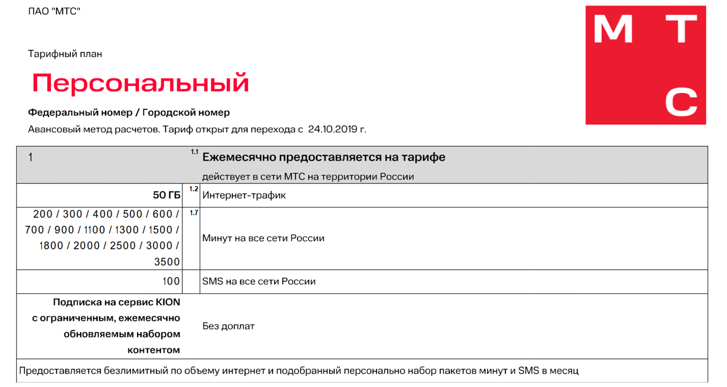 Тариф "Персональный" от МТС